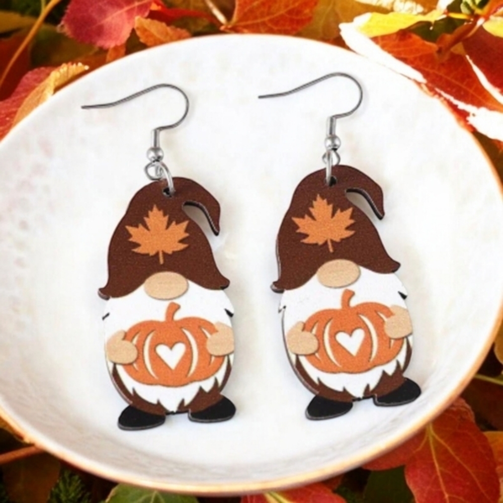 Gnome Pumpkin Heart Fall Wooden Brown Orange White Fashion‎ Earrings NEW Jewelry